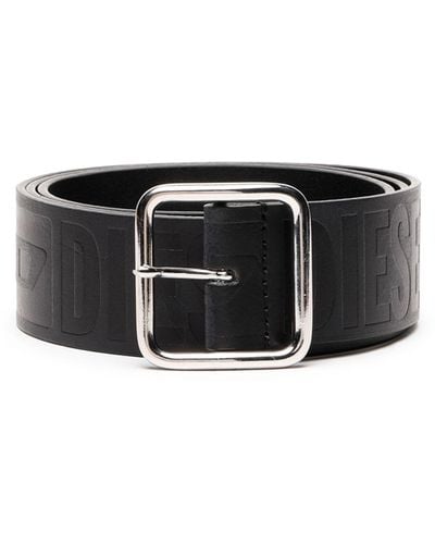 DIESEL Leather Belt With All-over Debossed Logo - Black