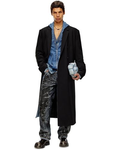 DIESEL Langer Mantel aus Cool Wool mit Denim-Details - Schwarz
