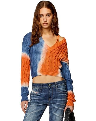 DIESEL Tie-dye Sweater In Cable-knit Cotton - Blue