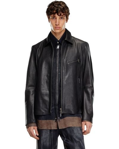 DIESEL Leather Jacket With Embossed Oval D - Black