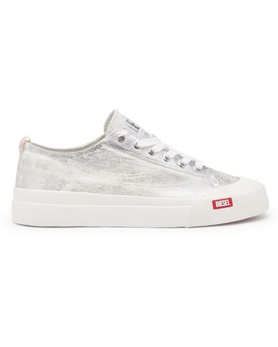 DIESEL S-athos Low-distressed Trainers In Metallic Canvas - White