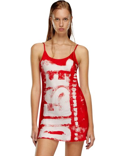 DIESEL Viscose Chemise With Blurry Super Logo - Red