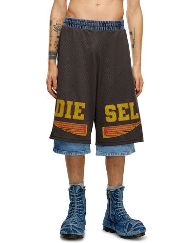 DIESEL Wide-leg Shorts In Jersey, Mesh And Denim - Multicolour