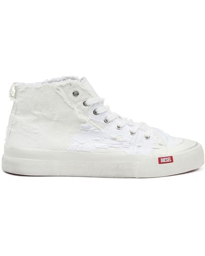 DIESEL S-athos Mid-destroyed Gauze And Denim High-top Sneakers - White