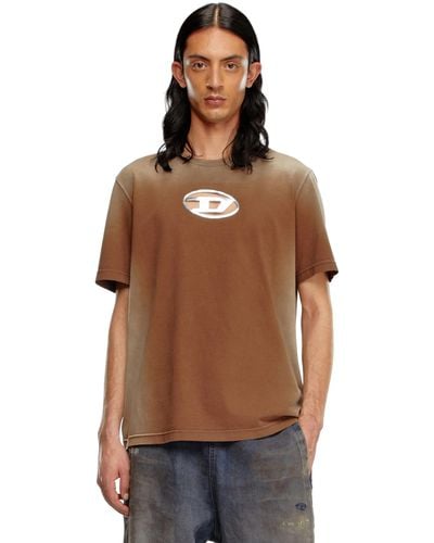 DIESEL Faded T-shirt With Cut-out Oval D Logo - Brown