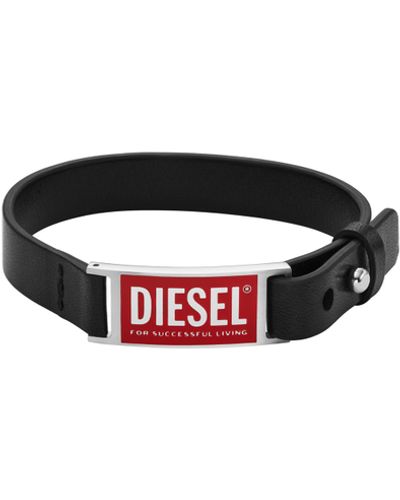 DIESEL Black Leather Logo Stack Bracelet - White