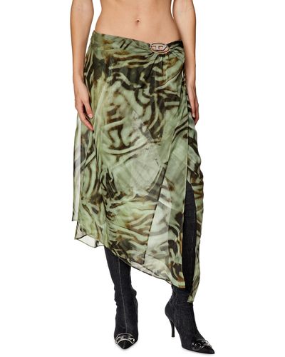 DIESEL Asymmetrischer Midirock aus Camouflage-Chiffon - Grün