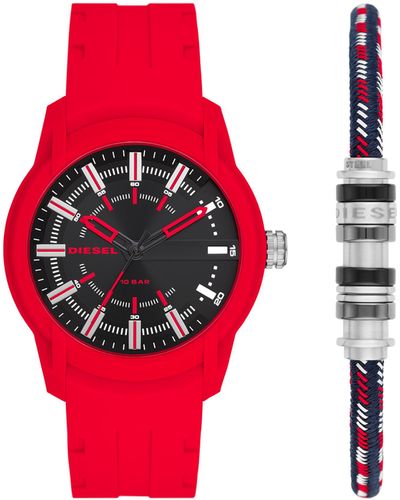 DIESEL Armbar Silicone Watch And Bracelet Set - Red