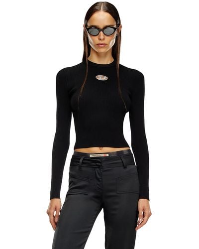 DIESEL Rib-knit Viscose-blend Top With Oval D - Black
