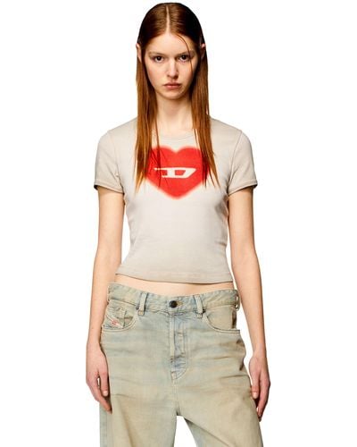DIESEL Ribbed T-shirt With Watercolour Heart D - Natural