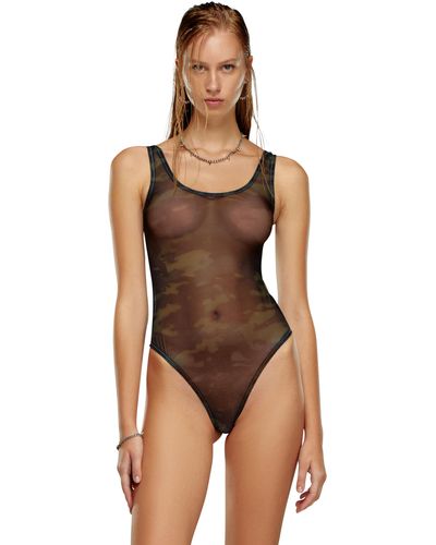 DIESEL Thong Bodysuit In Camo Stretch Mesh - Grey