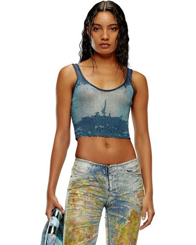 DIESEL Cropped Top In Devoré Metallic Knit - Blue