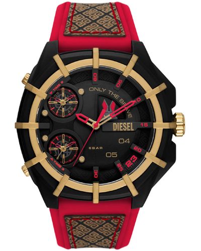 DIESEL Framed Leather And Silicone Watch - Red