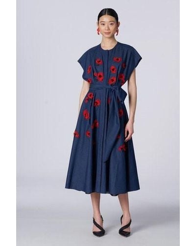 Carolina Herrera Embroidered Drop Sleeve Trench Dress - Blue