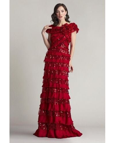 Tadashi Shoji Sequin-embellished Ruffled Gown - Red