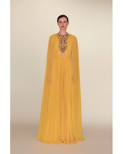 Reem Acra Sleeveless Chiffon Gown With Long Cape - Yellow