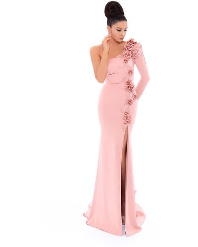 Tarik Ediz One Shoulder Gown With Floral Motifs - Pink