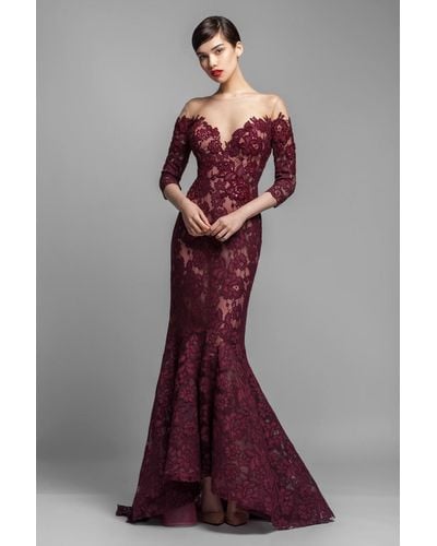 Gemy Maalouf Off Shoulder -fitted Illusion Evening Gown - Purple