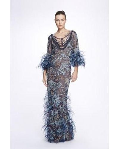Marchesa Scoop Neck Feathered Sequined Gown - Blue