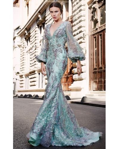 Mnm Couture Mint Floral- Long Sleeve Gown - Multicolor