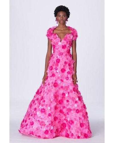 Carolina Herrera 3d Floral Applique Silk Gown With Shrug - Pink