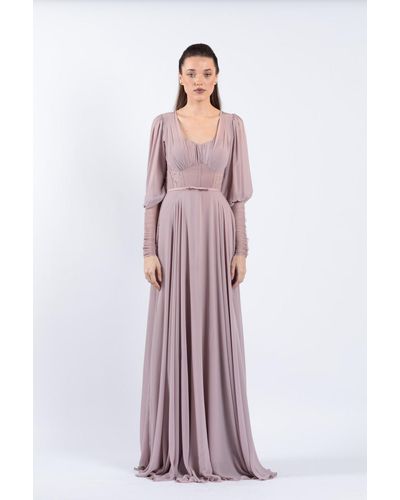 ZEENA ZAKI Long Sleeve Pleated Chiffon Gown - Purple