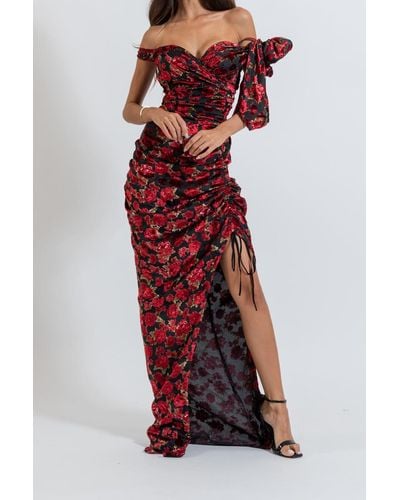 ZEENA ZAKI Velvet Off Shoulder Floral Gown - Red