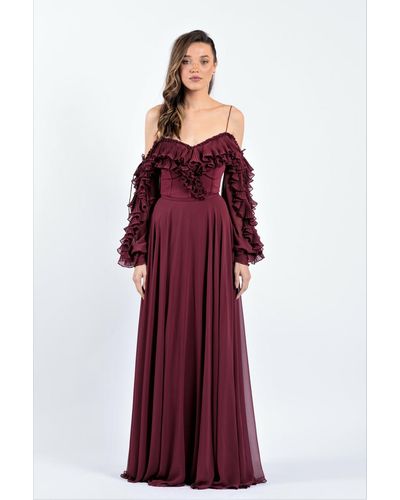 ZEENA ZAKI Off The Shoulder Ruffled Sleeve Gown - Purple