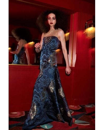 Alexis Mabille Strapless Illusion Brocade Gown - Blue