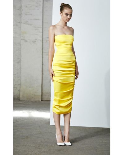 Alex Perry Ace Strapless Ruched Satin Midi Dress - Yellow