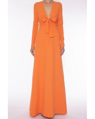 Giambattista Valli Long Sleeve V-neck Bow Bodice Gown - Orange