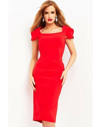 Jovani Crepe Cap/ Sleeve Dress - Red