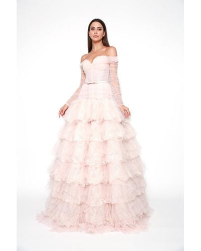 ZEENA ZAKI Off The Shoulder Tulle Lace Gown - Pink