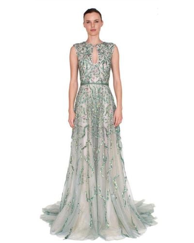 Reem Acra Embroidered Sleeveless A-line Gown - White