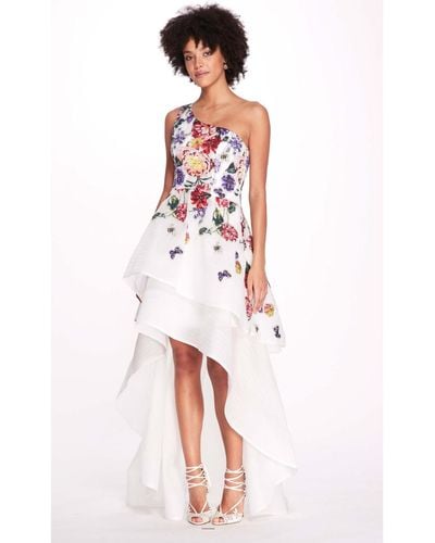 Marchesa One Shoulder Floral Gown - White