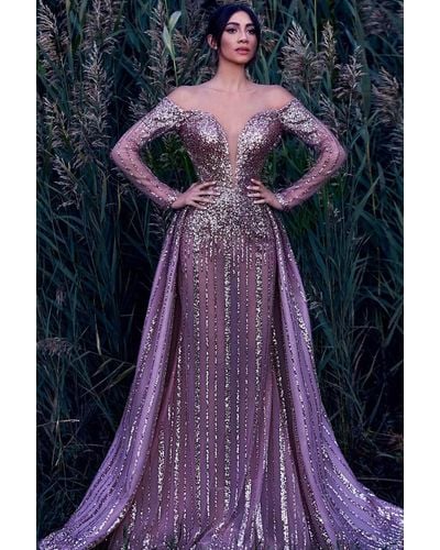 Mnm Couture Pink Sequin Long-sleeve Gown - Blue