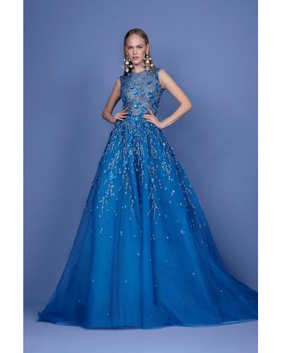 Georges Hobeika Tulle Beaded A-line Gown - Blue