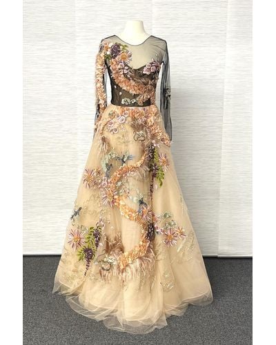 Marchesa Embellished Long Sleeve Applique Ball Gown - Natural