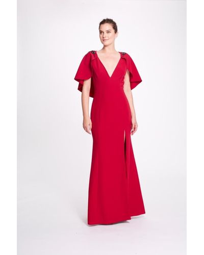 Marchesa Short Sleeve V-neck Stretch Crepe Gown - Red