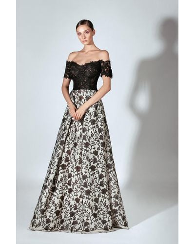 Gemy Maalouf Off The Shoulder/ Floral Skirt Gown - White