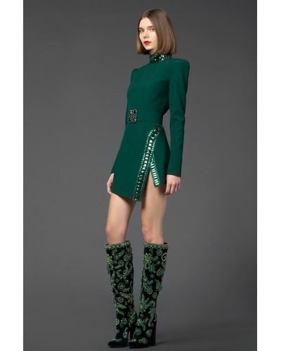 Andrew Gn Embellished Long Sleeve Mini Dress - Green