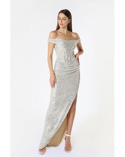 ZEENA ZAKI Silver Sequin Gown - White