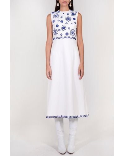 Andrew Gn Floral Embroidered Crepe Midi Dress - White