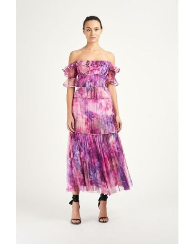 Marchesa Off The Shoulder Printed Chiffon Tea Dress - Purple