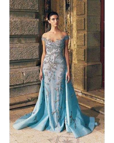 Tony Ward Embroidered Tulle Gown With Overskirt - Blue