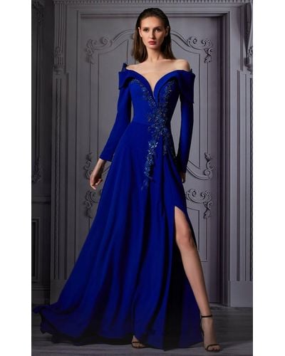 Mnm Couture Long Sleeve Off /shoulder Slit Gown - Blue