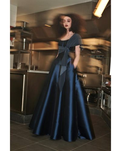 Alexis Mabille Short Sleeve Brocade Gown - Blue