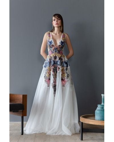 Saiid Kobeisy Sleeveless Tulle Linen Printed Gown - Multicolor