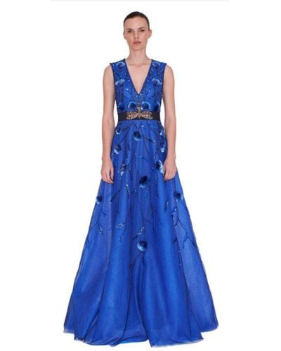 Reem Acra V-neck Embroidered A-line Blue Gown