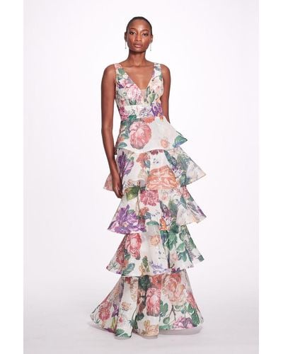 Marchesa Plunging V-neck Floral Printed Gown - White